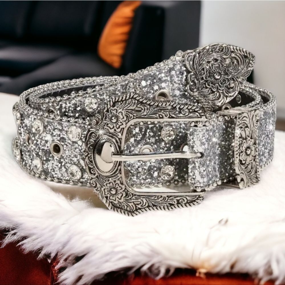 Plus Size Glitz Rhinestone Belt Silver Glitter Women's Western Gothic Buckle NEW